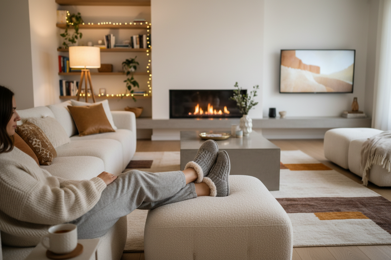 slippers worn by a woman in a living room